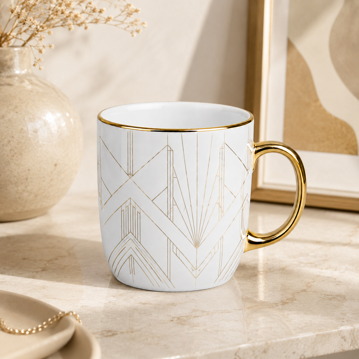 Keramikas sublimācijas krūze 330 ml, elegantā, balta ar zeltu