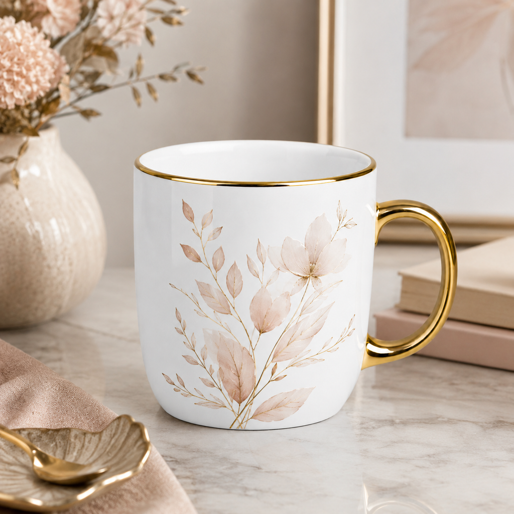 Keramikas sublimācijas krūze 330 ml, elegantā, balta ar zeltu