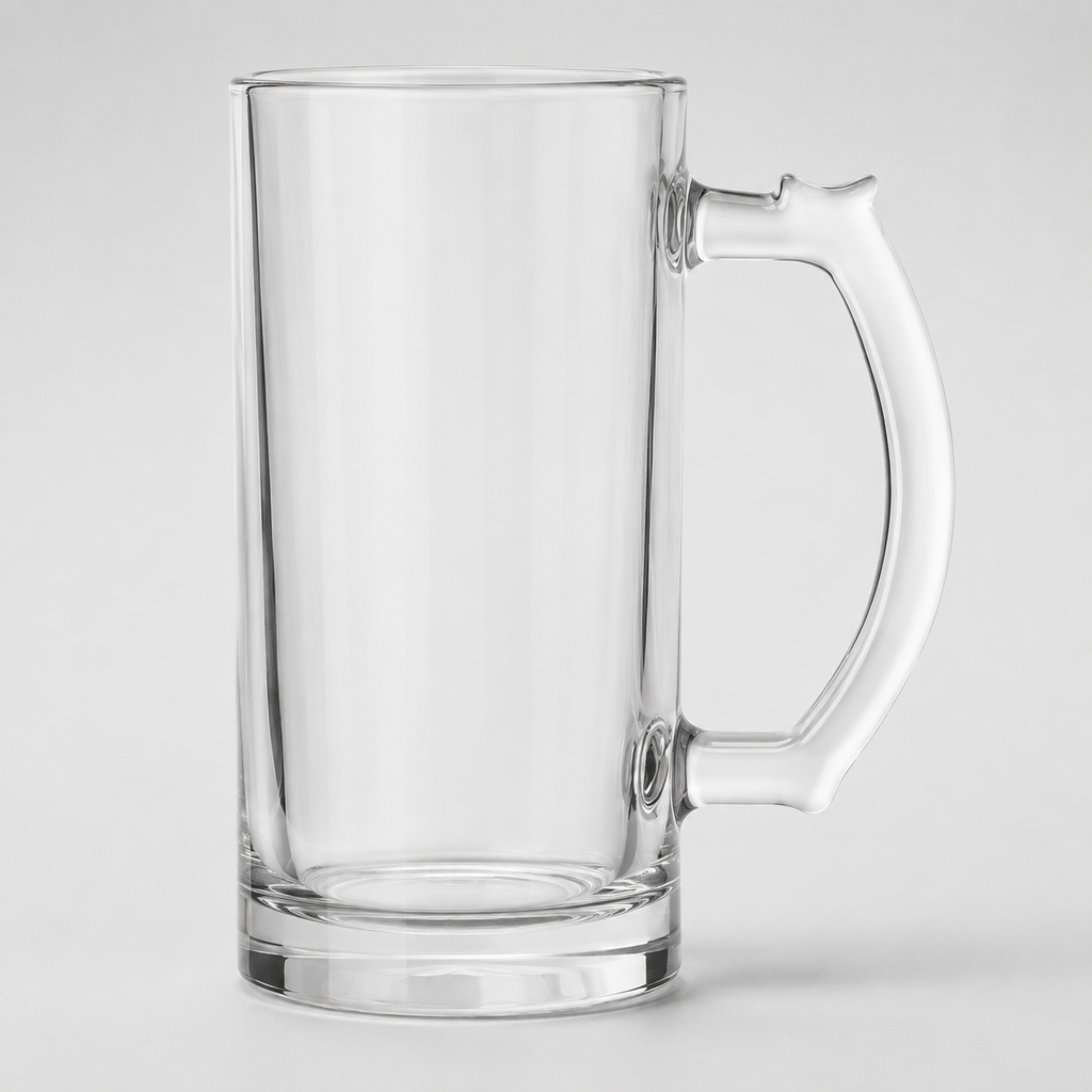 Neapdrukāta 470 ml caurspīdīga stikla alus glāze sublimācijai uz pelēka studijas fona