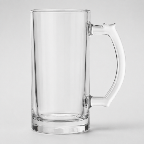 Neapdrukāta 470 ml caurspīdīga stikla alus glāze sublimācijai uz pelēka studijas fona