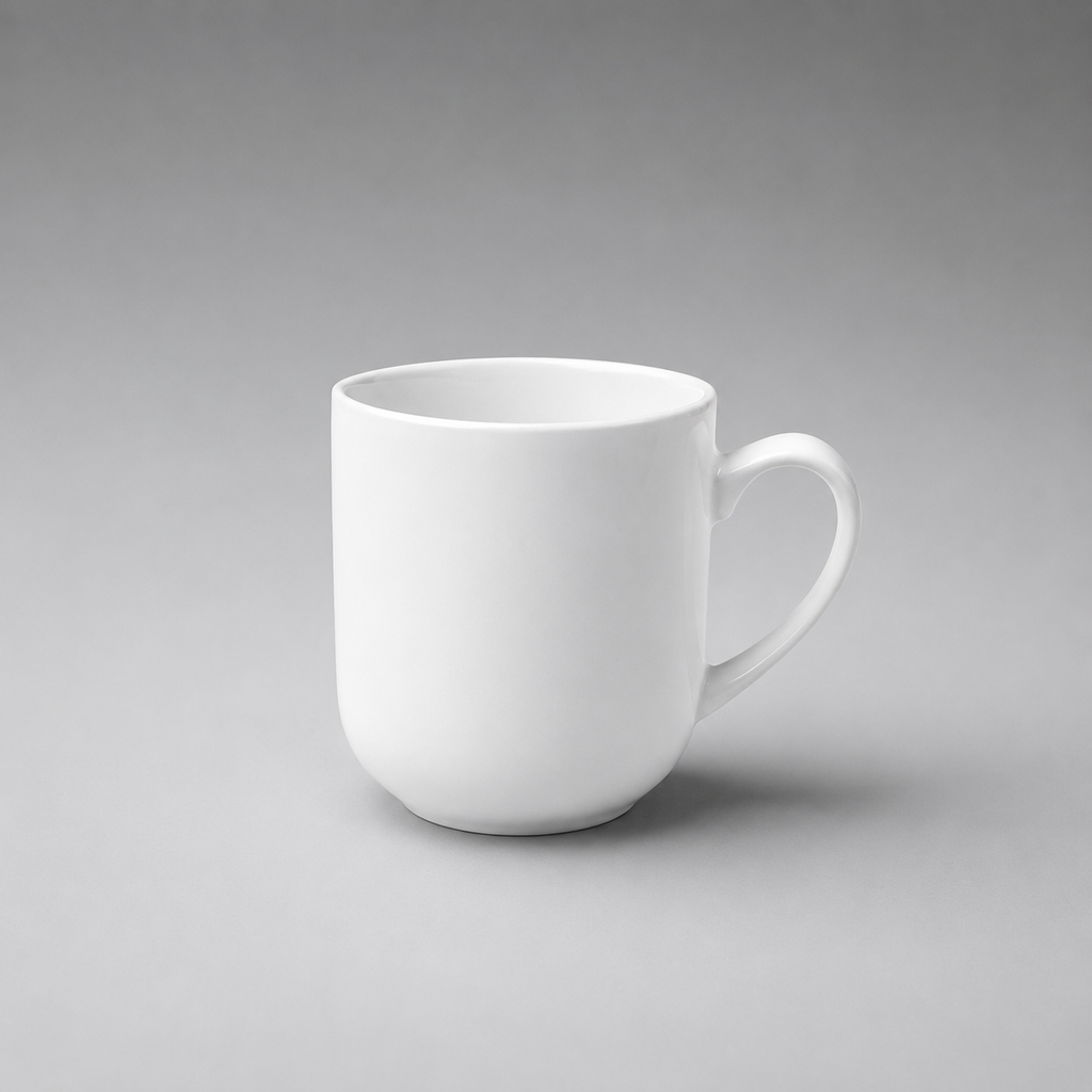 A plain white ceramic coffee mug with a curved handle, shown on a neutral gray gradient background.