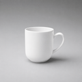 A plain white ceramic coffee mug with a curved handle, shown on a neutral gray gradient background.