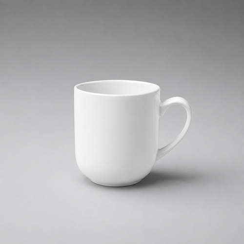 A plain white ceramic coffee mug with a curved handle, shown on a neutral gray gradient background.