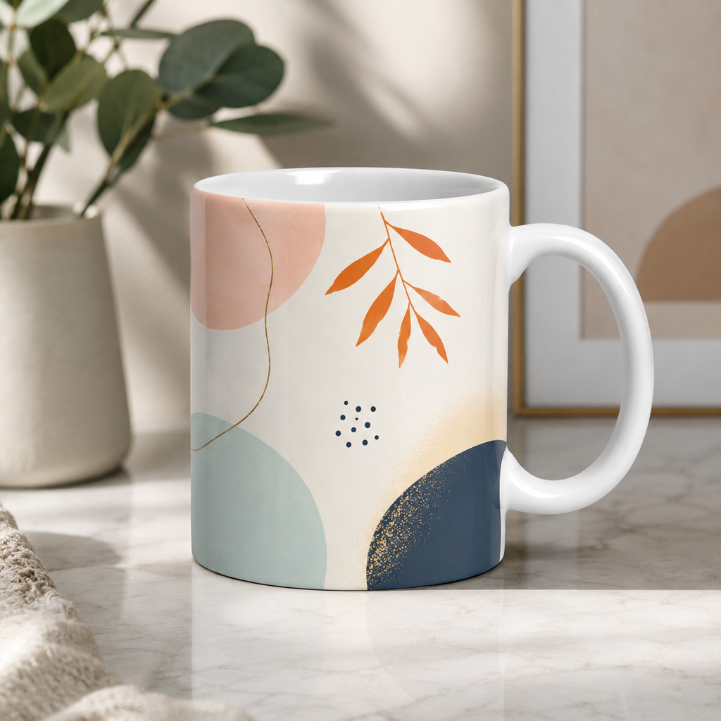 White mug with abstract leaf design on a marble surface