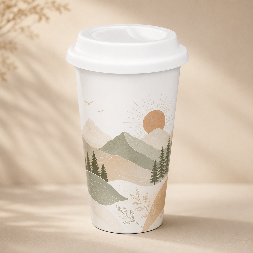 A white reusable travel tumbler with a white lid, decorated with a minimalist mountain landscape illustration in muted green, beige, and tan tones. The cup is photographed on a warm beige surface with soft leaf shadows.