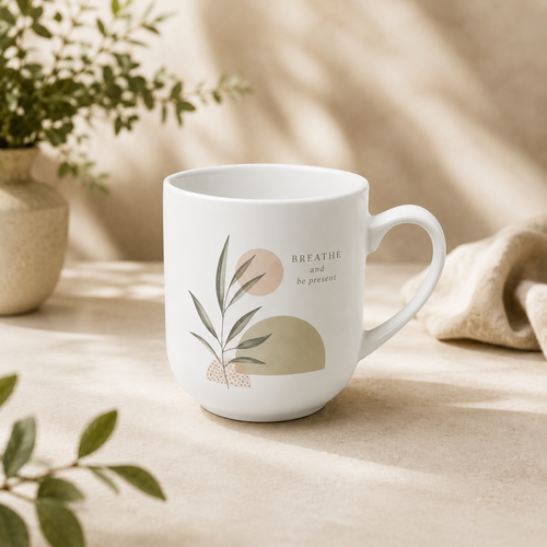 A white ceramic mug with a minimalist botanical illustration and the text 'BREATHE and be present' on a beige fabric surface, styled with soft shadows, a plant in a vase, and a folded cloth.