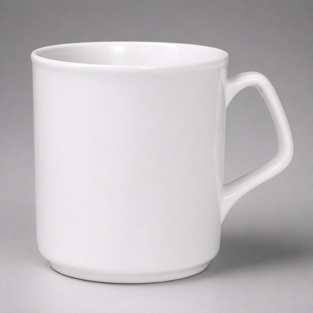 A plain white ceramic mug with a handle on the right side, photographed against a neutral gray background.