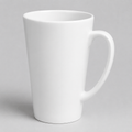 A classic white ceramic latte mug with a tapered body and a curved handle, shown on a neutral gray background.