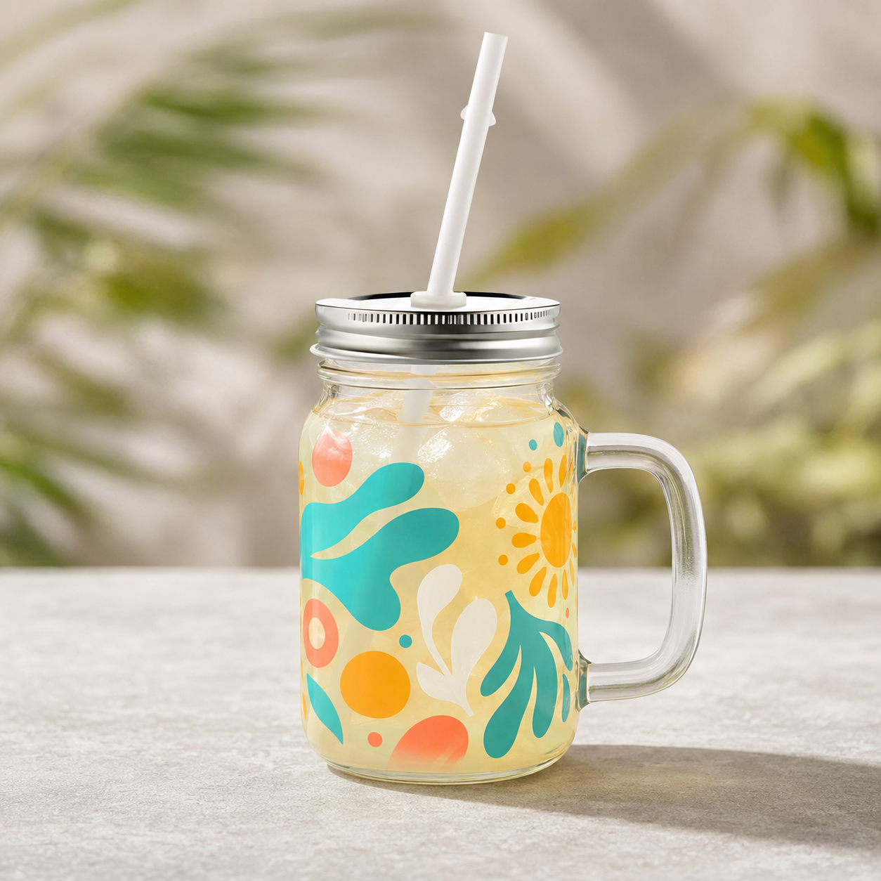 350 ml Mason stikla burka ar vasarīgu krāsainu sublimācijas dizainu, vāku un salmiņu