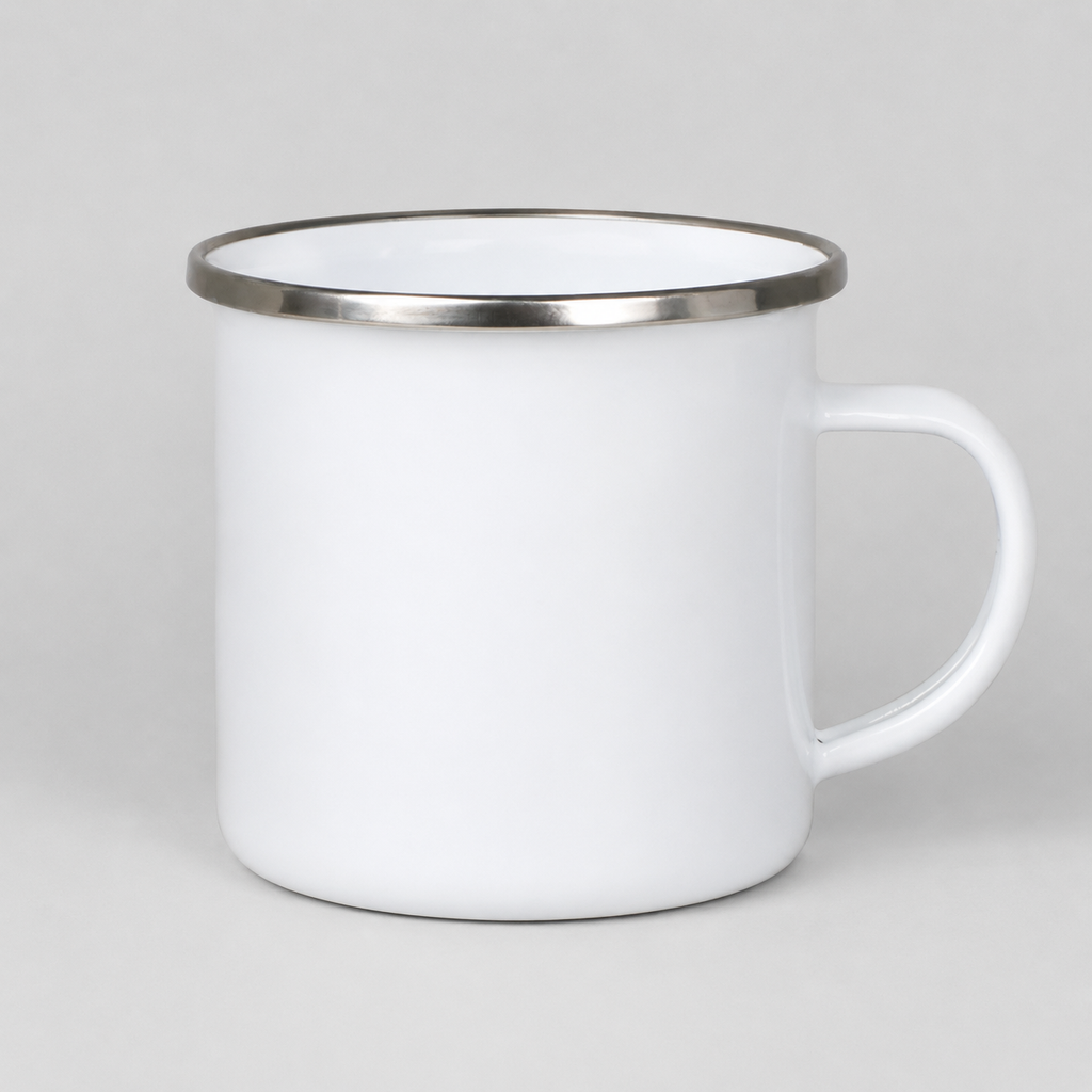 White mug with a silver rim on a light gray background