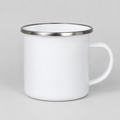White mug with a silver rim on a light gray background
