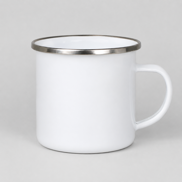 White mug with a silver rim on a light gray background