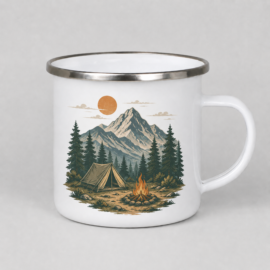 Mug with camping scene design featuring a tent, campfire, and mountains on a white background