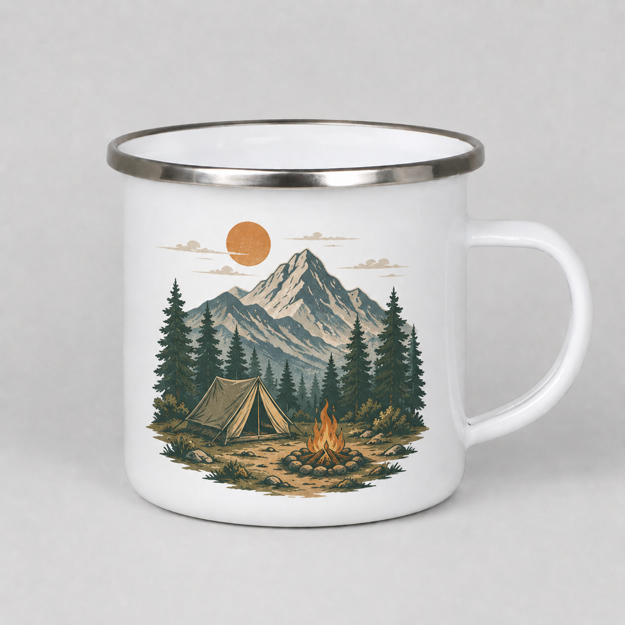 Mug with camping scene design featuring a tent, campfire, and mountains on a white background