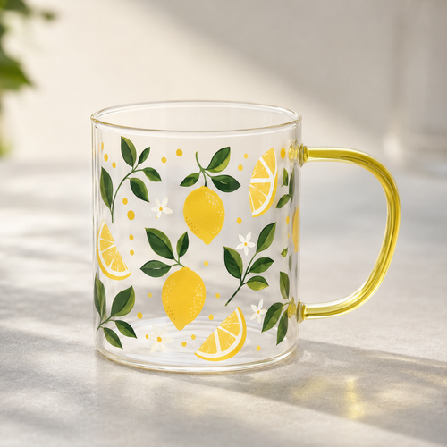 360 ml stikla krūze ar dzeltenu rokturi un citronu sublimācijas dizaina paraugu