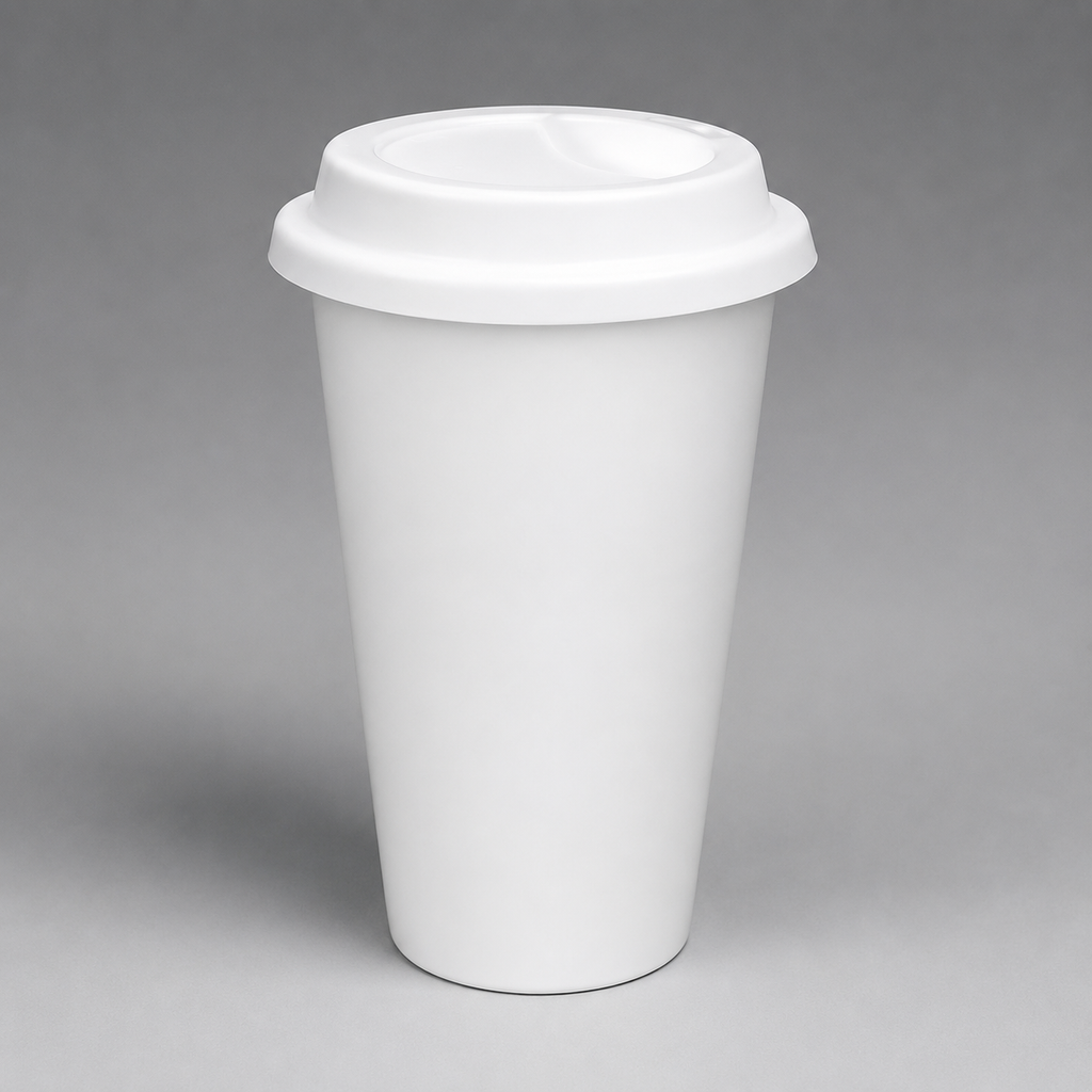 A plain white reusable travel cup with a matching white lid, photographed on a smooth gray studio background.