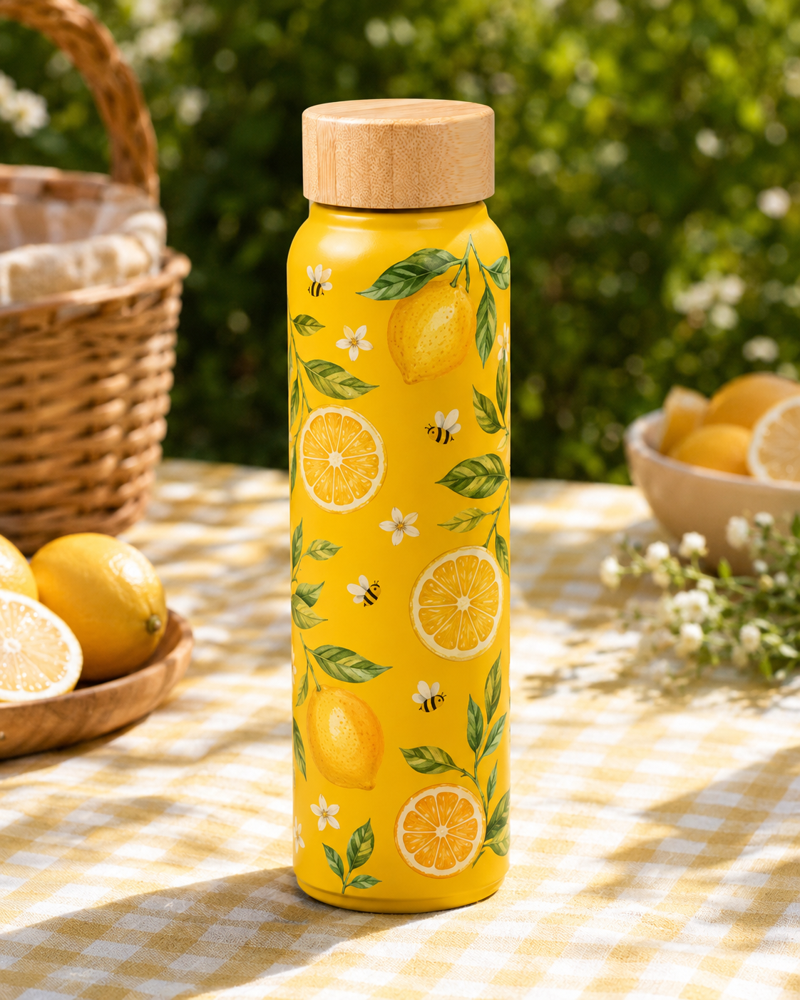 600 ml alumīnija sublimācijas pudele ar bambusa vāciņu, dzeltena ar dizainu