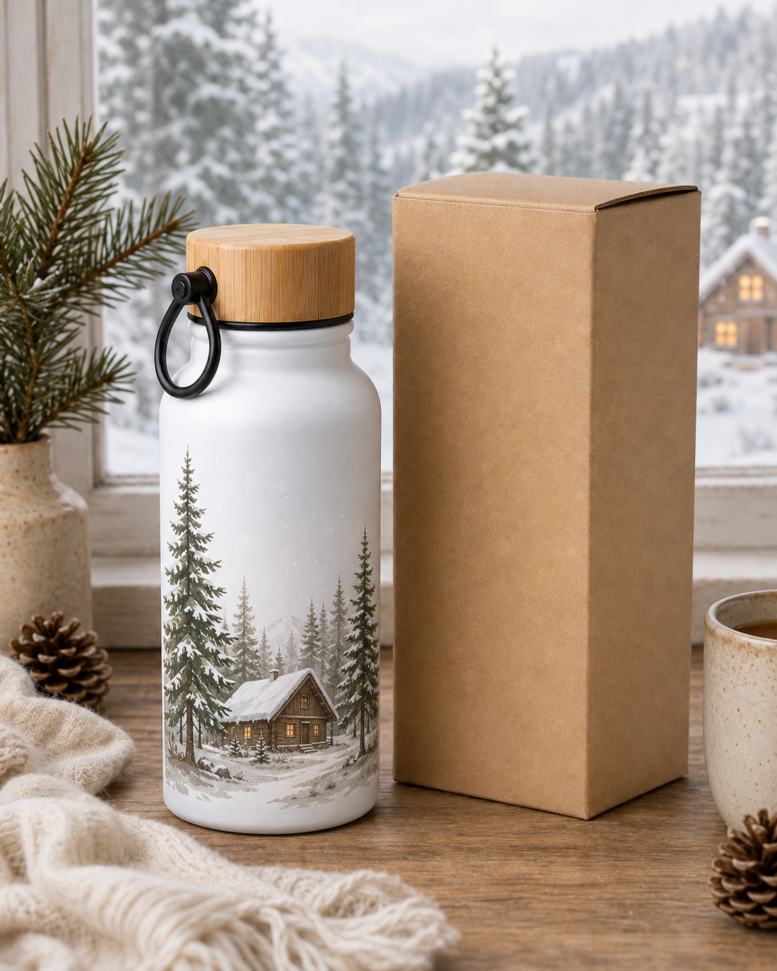 350 ml sublimācijas termopudele ar bambusa vāku un rokturi, balta ar dizainu
