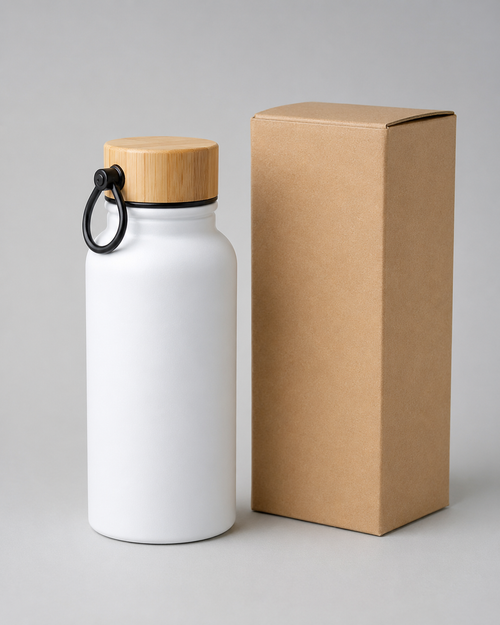 350 ml sublimācijas termopudele ar bambusa vāku un rokturi, balta