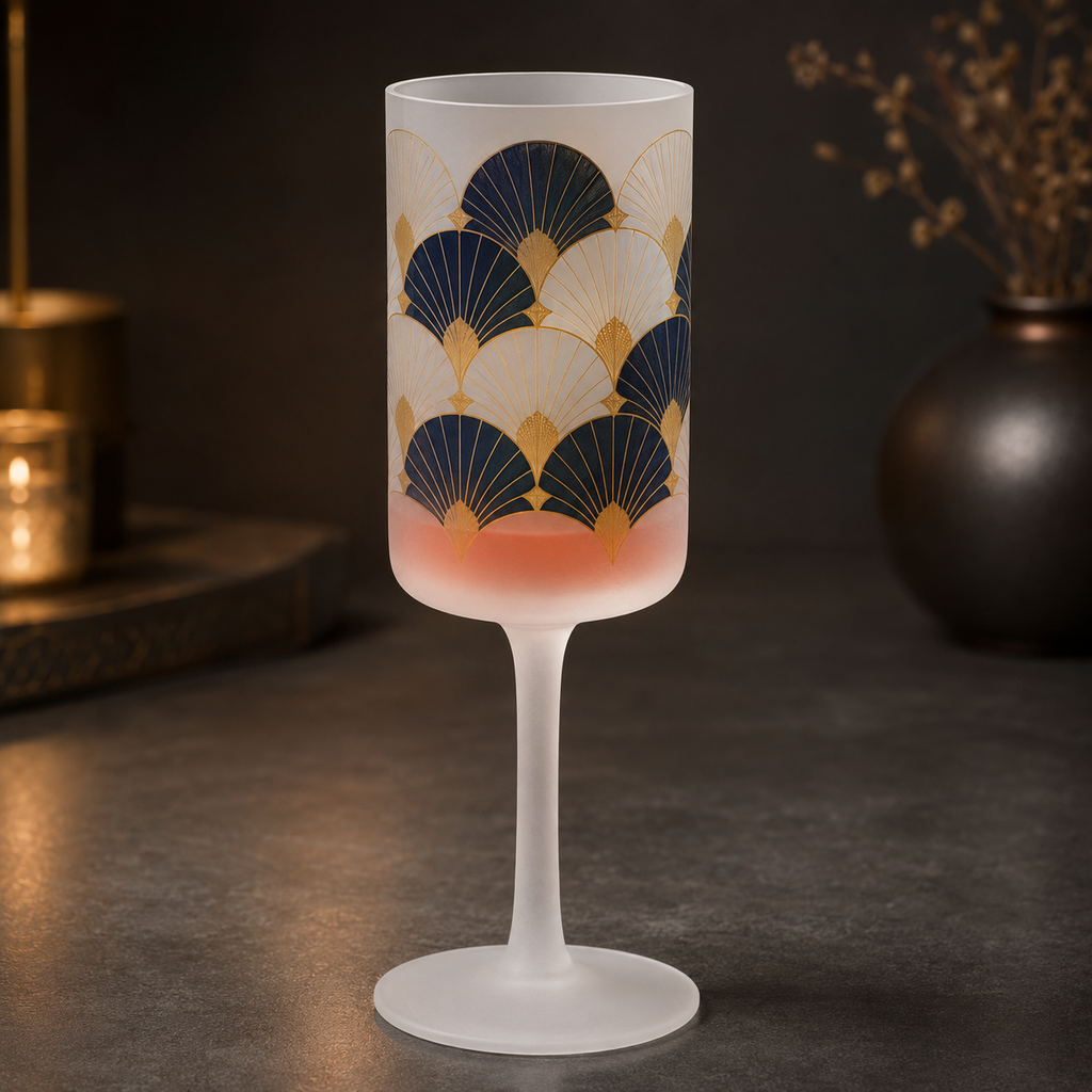 275 ml matēta vīna glāze ar tumši zilu un zeltainu Art Deco sublimācijas dizainu